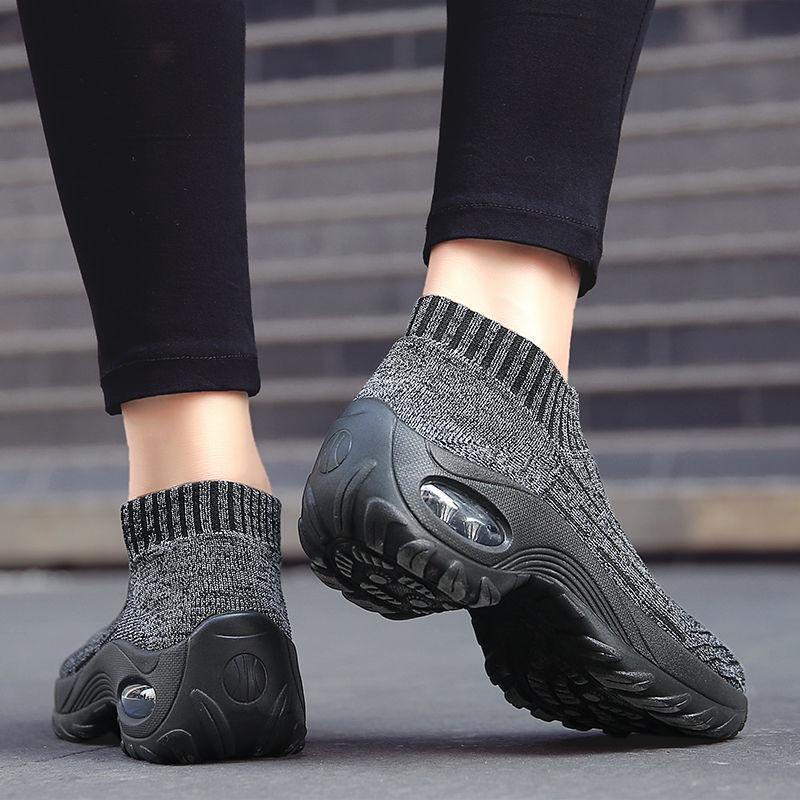 Women's Mid High-heeled Sneakers Casual Breathable Mesh Sports Shoes Running Flat Shoes Slip on Thick-soled Dance Shoes