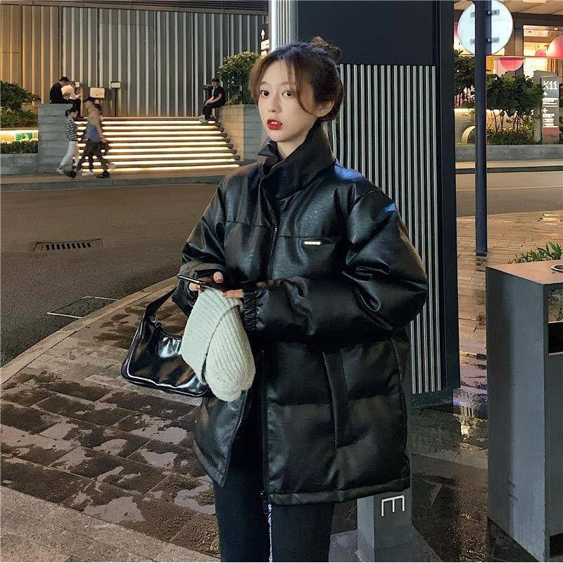 Leather Coat for Women Warm Winter Jackets Black Loose Casual Parkas 2021 Ins New Fashion Streetwear Harajuku Jacket Down Coats Ladies