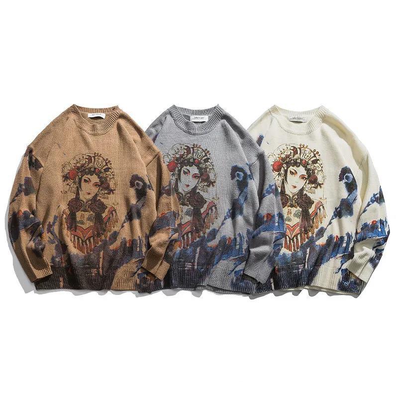 Men's Round Neck Sweater Slim-fit Chinese Style Printed and Dyed Pullover Sweater Street Loose Bf Style Casual Knit Sweater Top Suitable for Teenagers