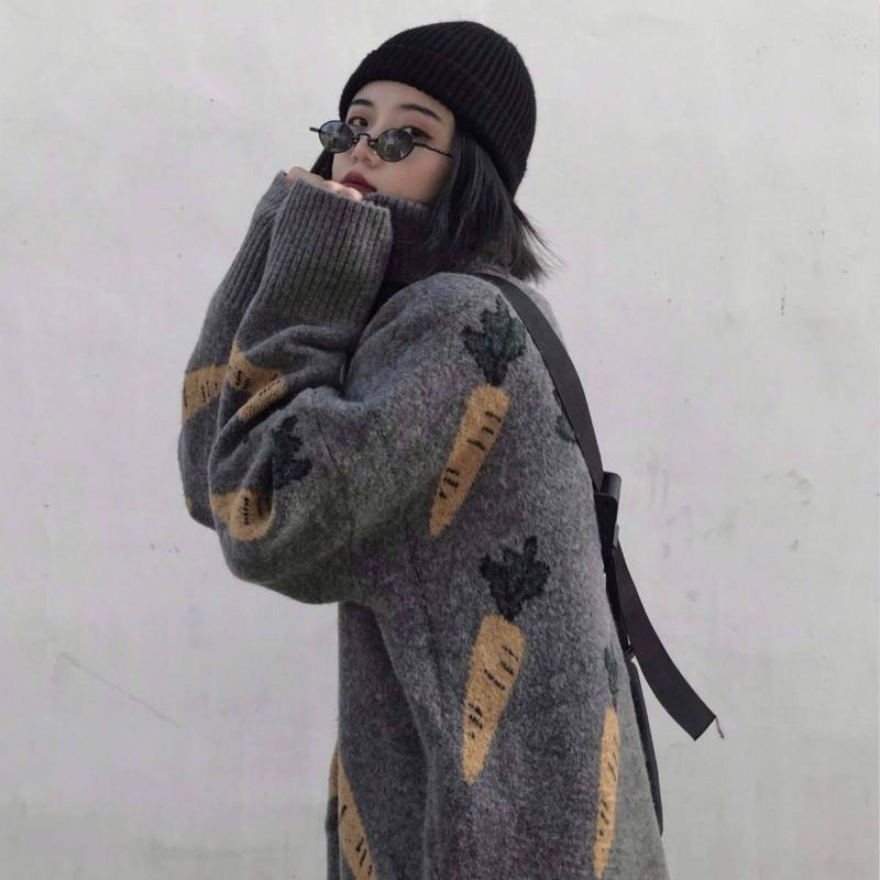 Pofulove Sweater Loose Pattern Wild Sweater Autumn and Winter Coat Tide Turtleneck Colorblock