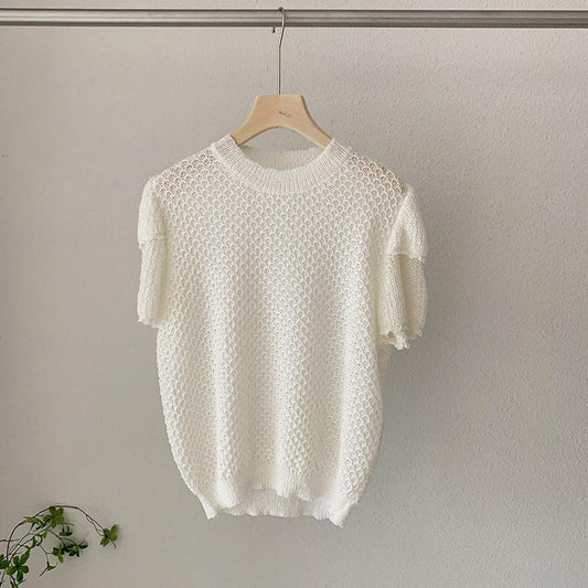 Hollow Stitching Short-sleeved Knitted Sweater Women's 2022 Early Summer Pullover Slim Fit Top
