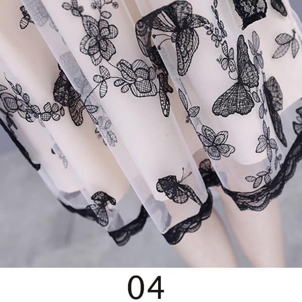 Women Size M-XXXL Summer Printing Knee-length Dress Short  Sleeve Chiffon Lace Mesh A-line Skirt