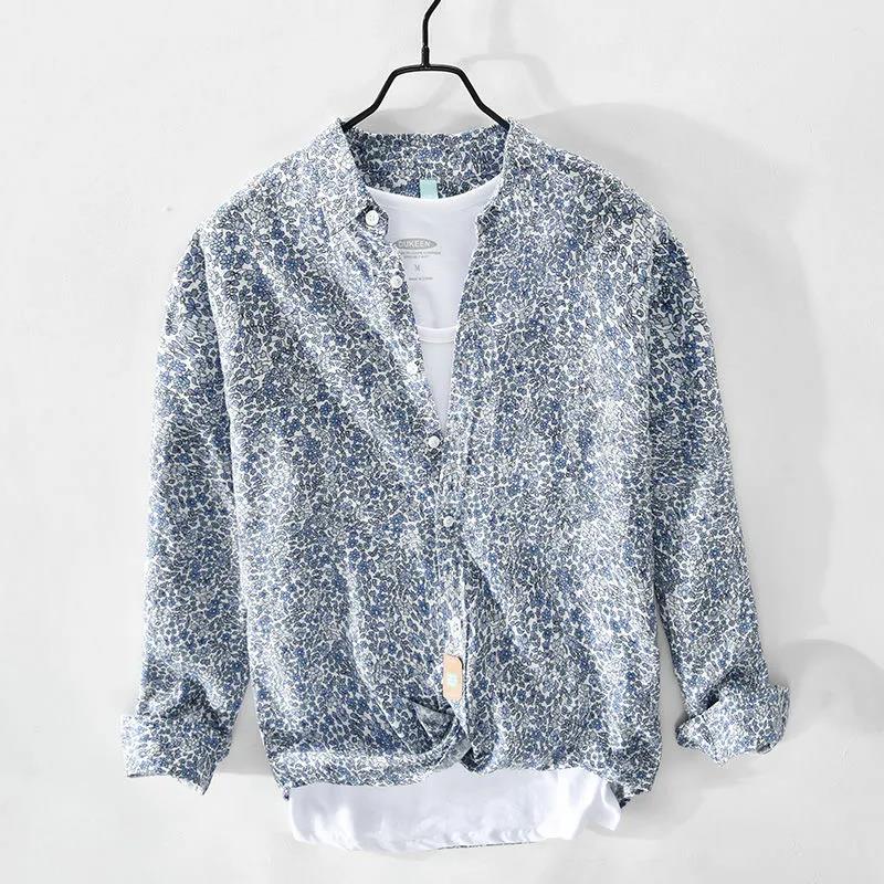 Retro Pastoral Style Printed Linen Long-sleeved Shirt Men's Loose Youth and Thin Fashion Floral Cotton and Linen Shirt