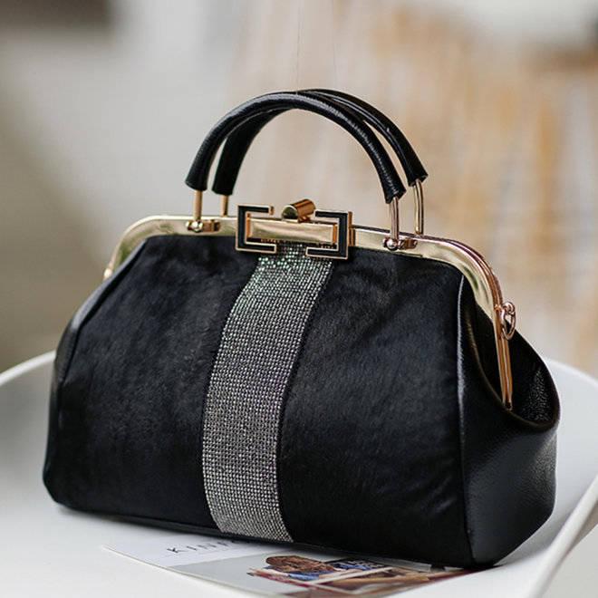 Ladies Handbag Fashion Black Horse Hair with Rhinestone Fashionable Shoulder Bag Messenger Bag