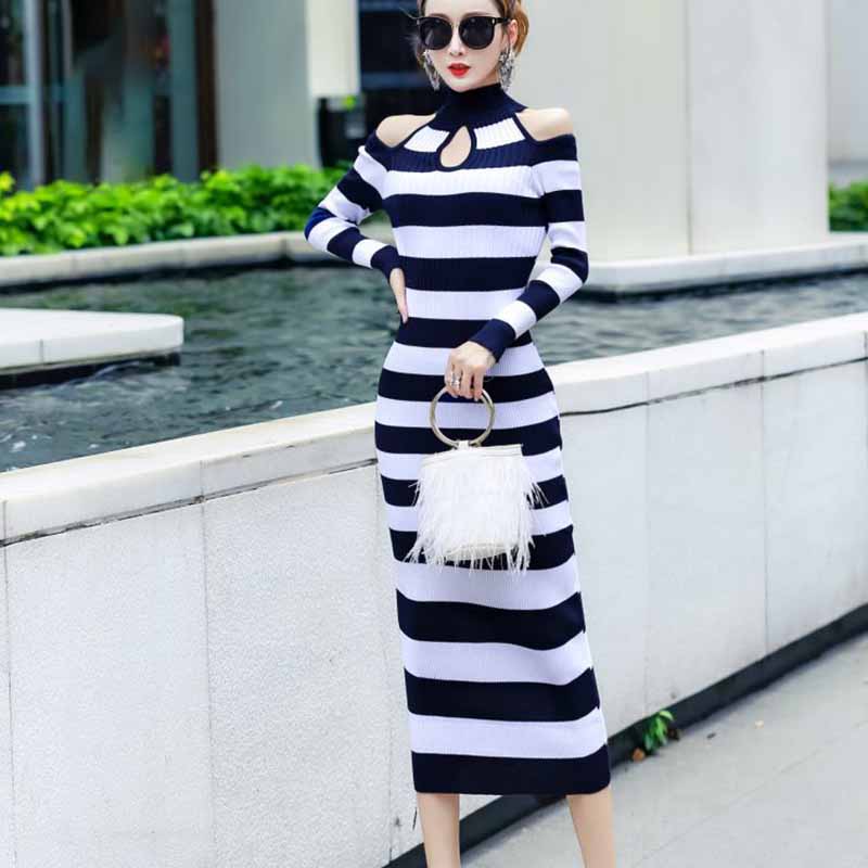 European and American Autumn  Winter Sexy Soff-shoulder Turtleneck Sweater Dress Long Slim Striped Knitted Dress Bottoming Pencil Dress