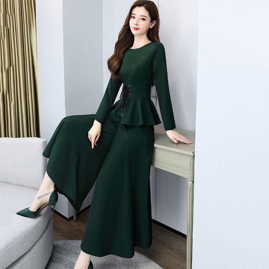 Suit Women's Spring and Autumn Dress Ladies Temperament Two-piece Set of Nine-point Wide-leg Pants + Round Neck Long-sleeved Top