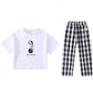 Girls Summer Suits Big Children's Pullover Round Neck Short-sleeved Tops Plaid Pattern Loose Cropped Pants Casual Breathable Two-piece Set