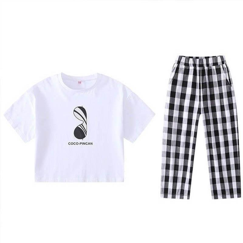 Girls Summer Suits Big Children's Pullover Round Neck Short-sleeved Tops Plaid Pattern Loose Cropped Pants Casual Breathable Two-piece Set