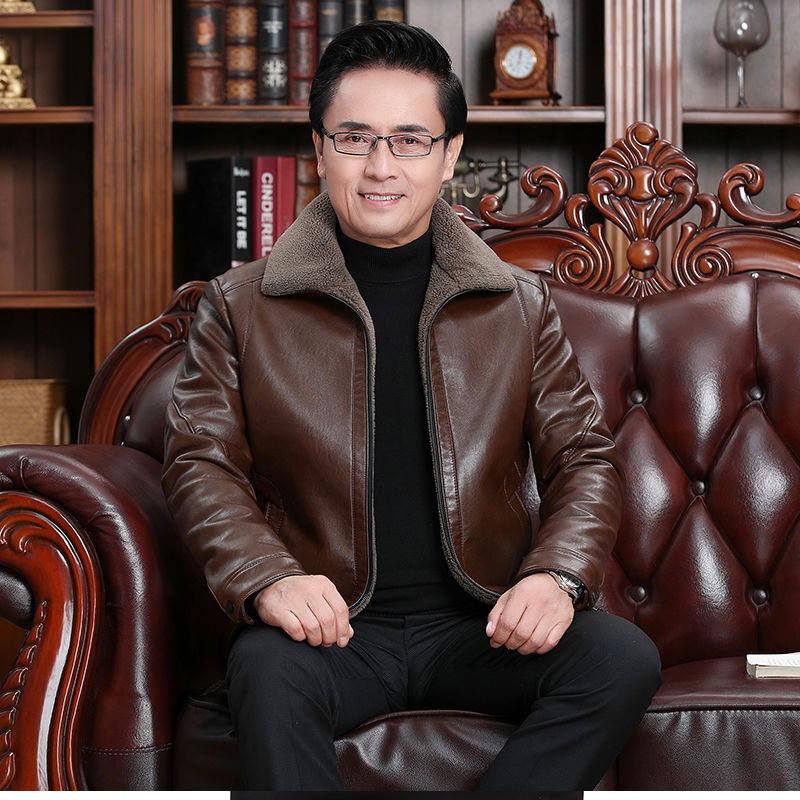 Men's Leather Jacket Clothes Coat Fur One Plus Velvet Thickening Dad Casual Winter Clothes