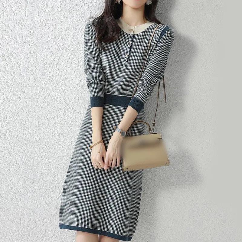 Sweater Dress Women's Plaid Pullover Knit Dress Korean Waist Trending Sweater Dress Autumn and Winter Lady Style Fashion