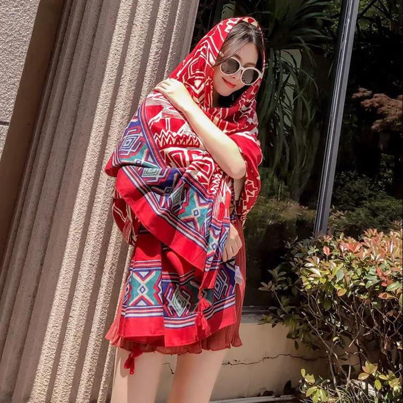 Cotton and Linen Scarf Female Ethnic Style Bohemia Oversized Sunscreen Holiday Beach Silk Scarf Fringed Seaside Shawl Female Summer