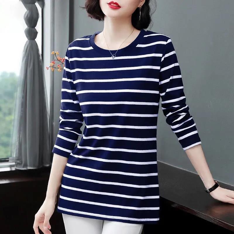 Women T-Shirt Cotton Long Sleeve Lady T Shirt Striped Summer Spring Autumn Female White Trendy  Top Pullover