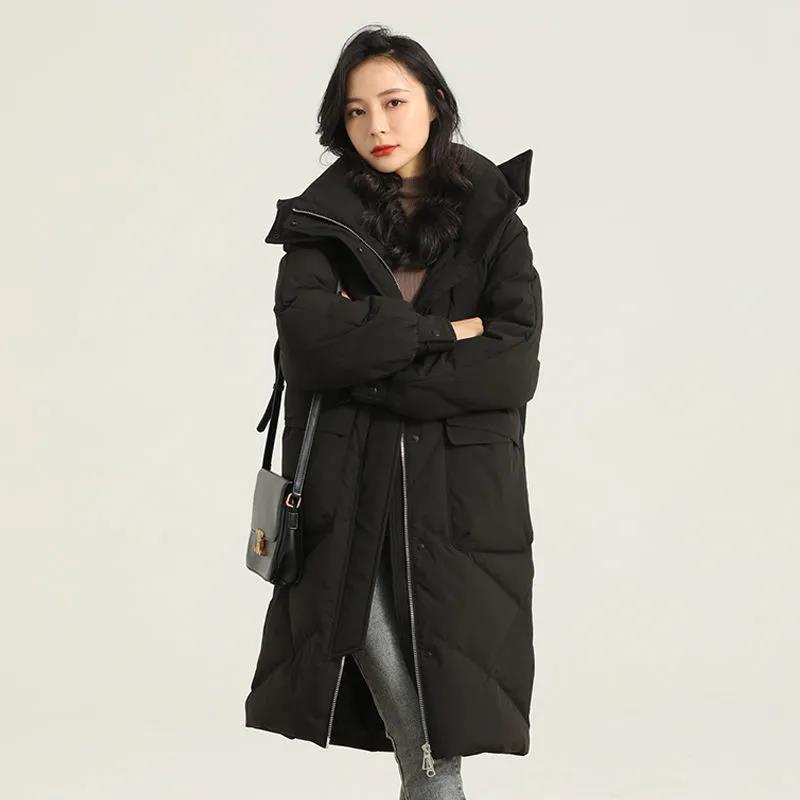 Winter Down Jacket Fashion Hooded Cotton Jacket Women's Mid-length Solid Color Plus Size Down Coat