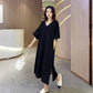 WTEMPO Plus Size Ladies Dress with Belt Summer 1/2 Sleeve V-neck Solid Color Side Split  Long Dress Casual Mid-calf Length