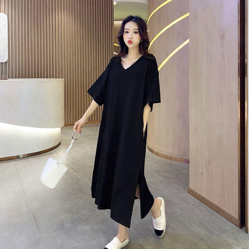 WTEMPO Plus Size Ladies Dress with Belt Summer 1/2 Sleeve V-neck Solid Color Side Split  Long Dress Casual Mid-calf Length