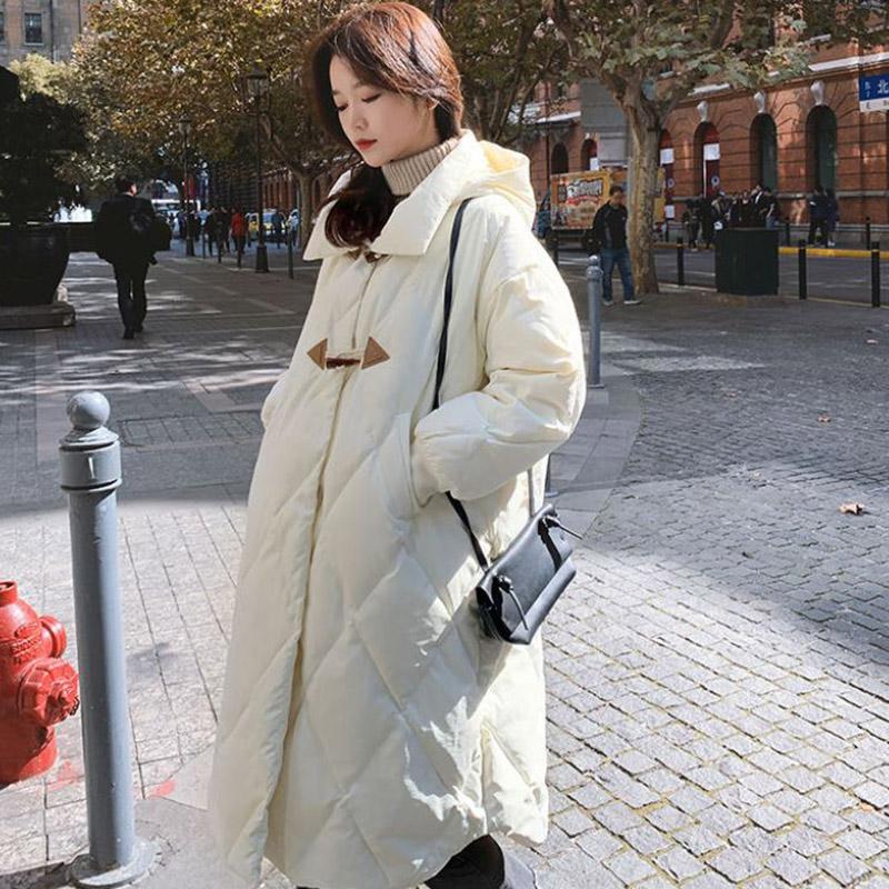 Down Jacket Winter Thick Horn Buckle Hooded Cotton-padded Jacket Korean Version of The Diamond Lattice Mid-length Over-the-knee Down Jacket for Women
