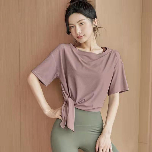 Sports Short-sleeved Women's Loose T-shirt Quick-drying Running Training Fitness Yoga Clothes Thin Slit Round Neck Top Plus Sized Clothes
