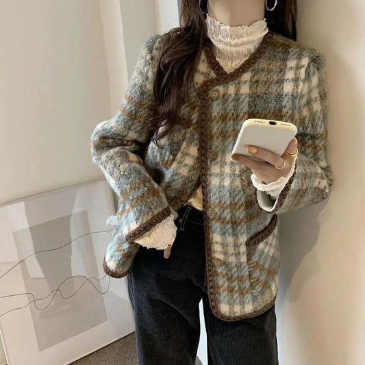 Retro Temperament Round Neck Contrast Color Plaid Design Loose Single-breasted Long-sleeved Woolen Coat Ladies Warm Thick Coat