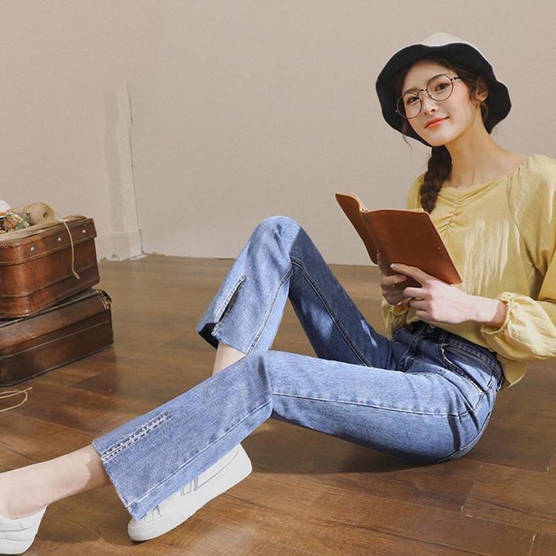 Flared Jeans Women's High Waist Slim Fit Spring Split Up Ninth Denim Pants Retro All Match Comfortable Breathable Jeans