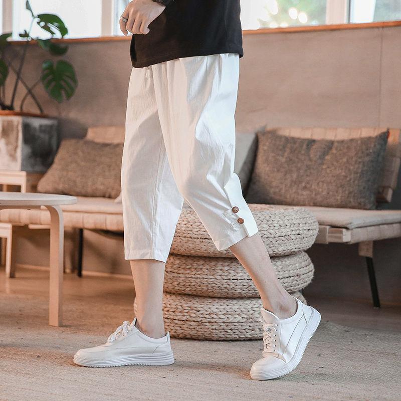Men's Cropped Trousers Summer Thin Cotton and Linen Casual Loose Loose Cropped Shorts