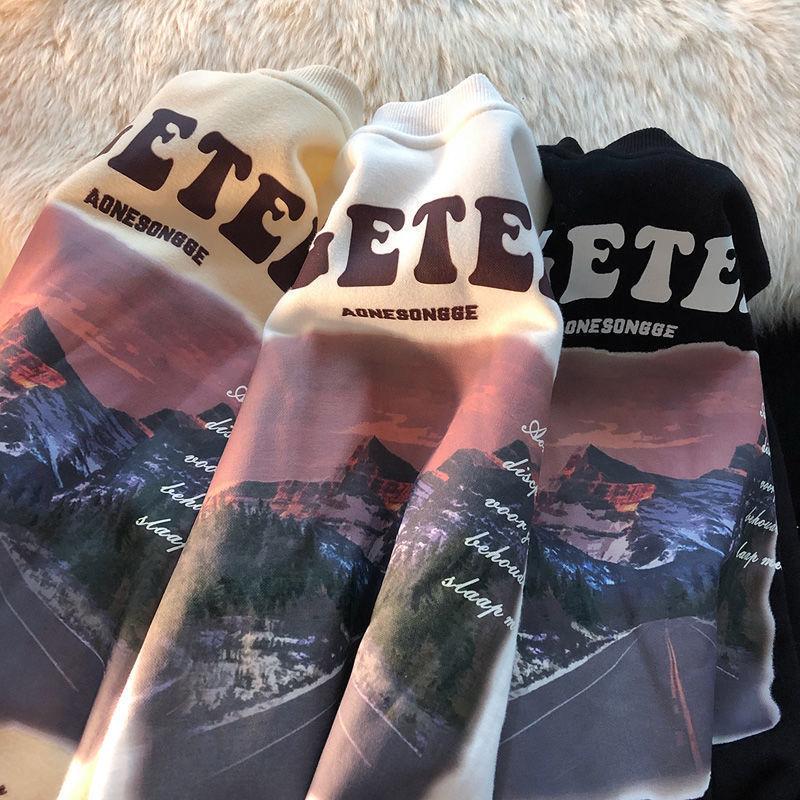 Autumn and Winter New American Retro Trend National Tide Landscape Printing Couple All-match Loose and Lazy Wind Round Neck Sweater