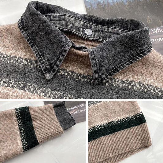 Fake Two Piece Stitching Shirt Denim Collar Sweater Women Autumn and Winter Korean Loose Fashion All-match Blouse Women