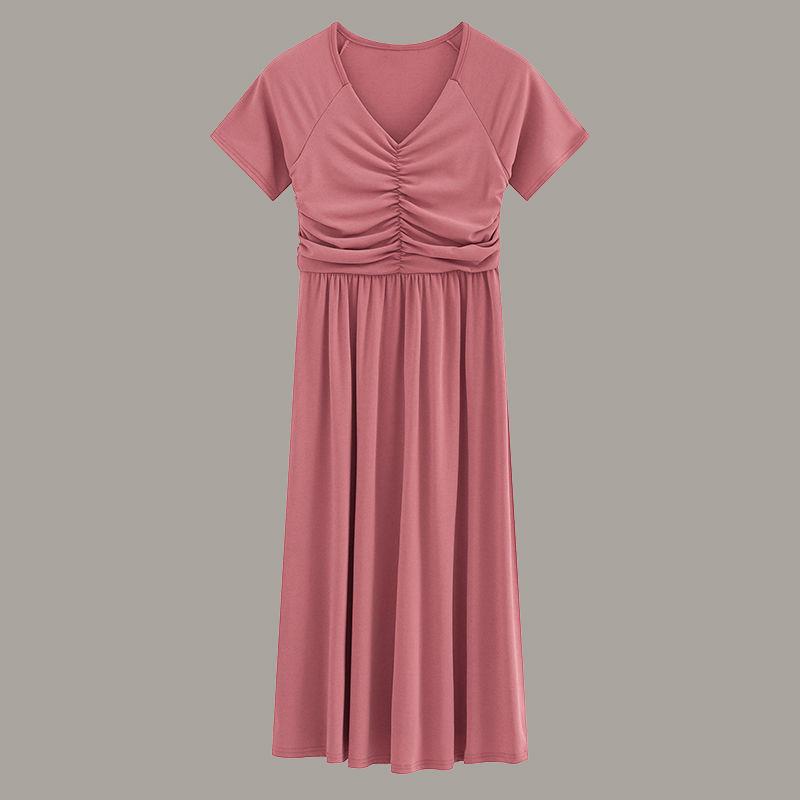 Maternity Clothes Short Sleeve Dress Mid-length Loose Plus Size V-Neck High Waist Over The Knee Skirt