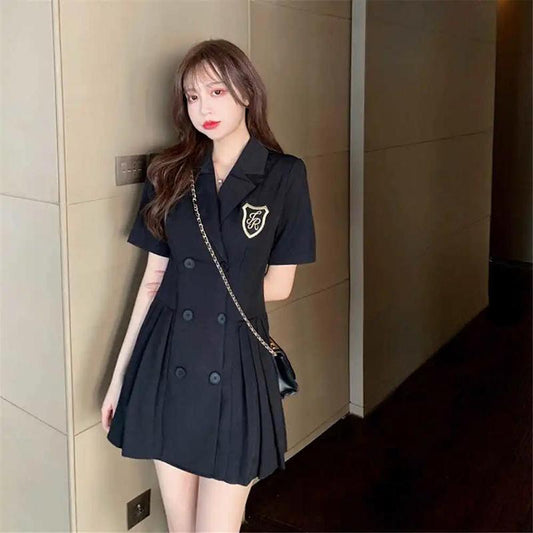Retro College Dress Women's Summer Dress Waist Slim Temperament A-shaped Short-sleeved Suit Skirt Ladies Short Dress Coat