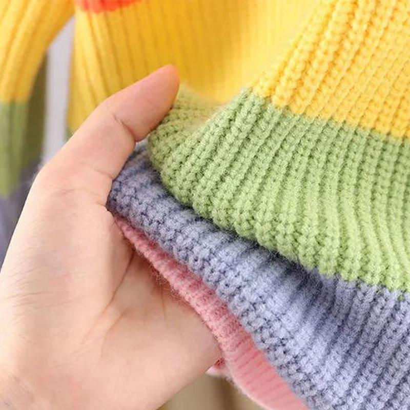 2021 Autumn and Winter New Children's Sweater Rainbow Stripe Girls Sweater Cashmere Fluffy Warm Knitted Sweater