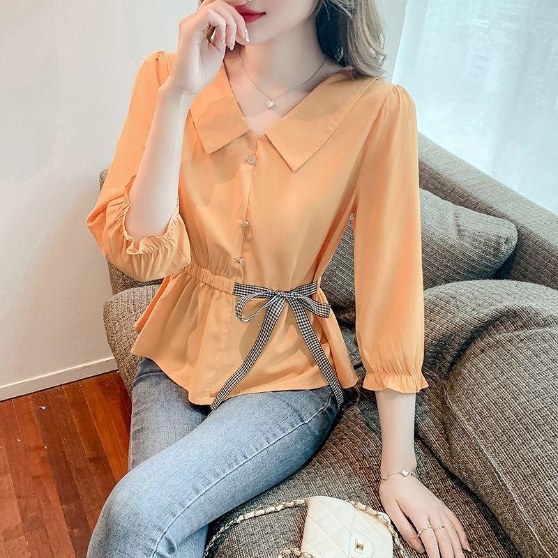 Doll Collar Shirt Women's Summer Lace Waist Cover Belly Shirt Three-quarter Sleeves