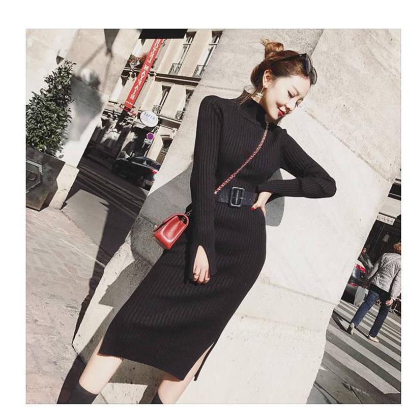 Winter Sexy female Sweater Dress Slim Fit Wrap Hip Turtle Neck Women Winter Sweater Long High Split