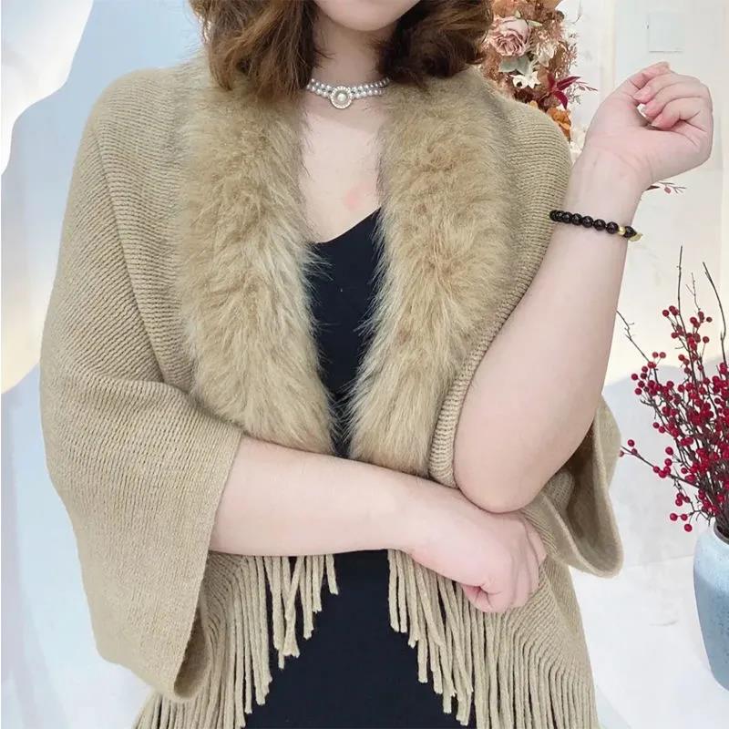 Ladies Autumn Winter Loose Fur Collar Shawl Luxurious Thick Warm Cardigan Jacket Ladies All-match Cardigan Jacket Knitting Tassel Wrap Cape Cloak