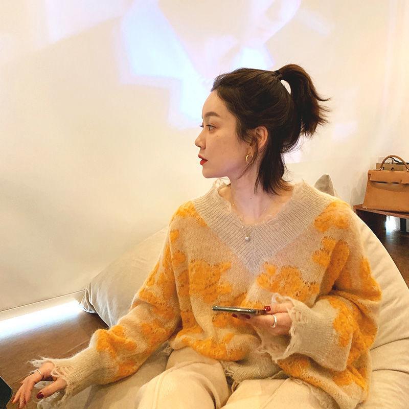 Autumn Winter V-neck Knitted Sweater Hollow Jacquard Design Long Sleeve Casual Fashion Pullover Thickening
