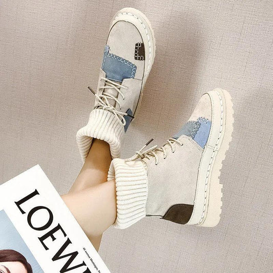 Autumn and Winter Women Boots Canvas Color Matching Wild High-top Wool boots Women Shoes Martin boots