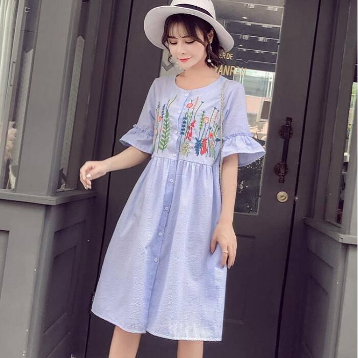 Pofulove Summer long embroidered dress A-line loose button half sleeve dress cotton party dress