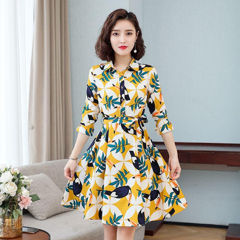 Women's retro floral dress spring long-sleeved a-line shirt dress OL Style Knee-length Dress Plus Size S-5XL