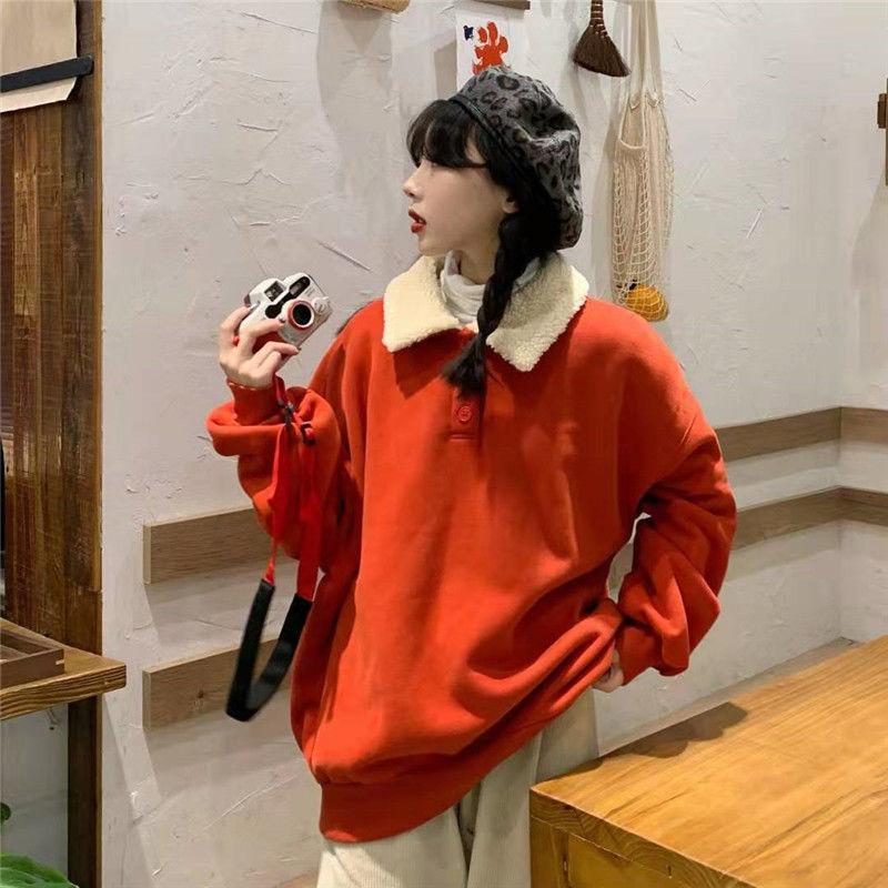 Autumn and Winter Loose Warm Pullover Sweater Women's Color Matching Polo Collar Jacket Jacket All-match Simple and Comfortable
