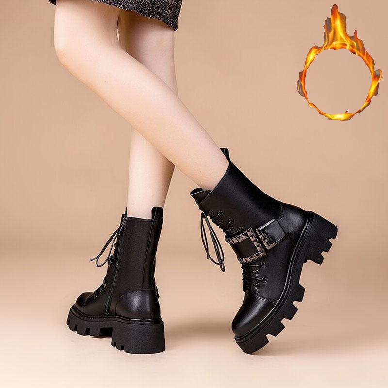 Autumn and Winter Martin Boots Belt Buckle Short Boots British Shoes Snow Boots Plus Velvet Warm Cotton Boots Motorcycle Shoes