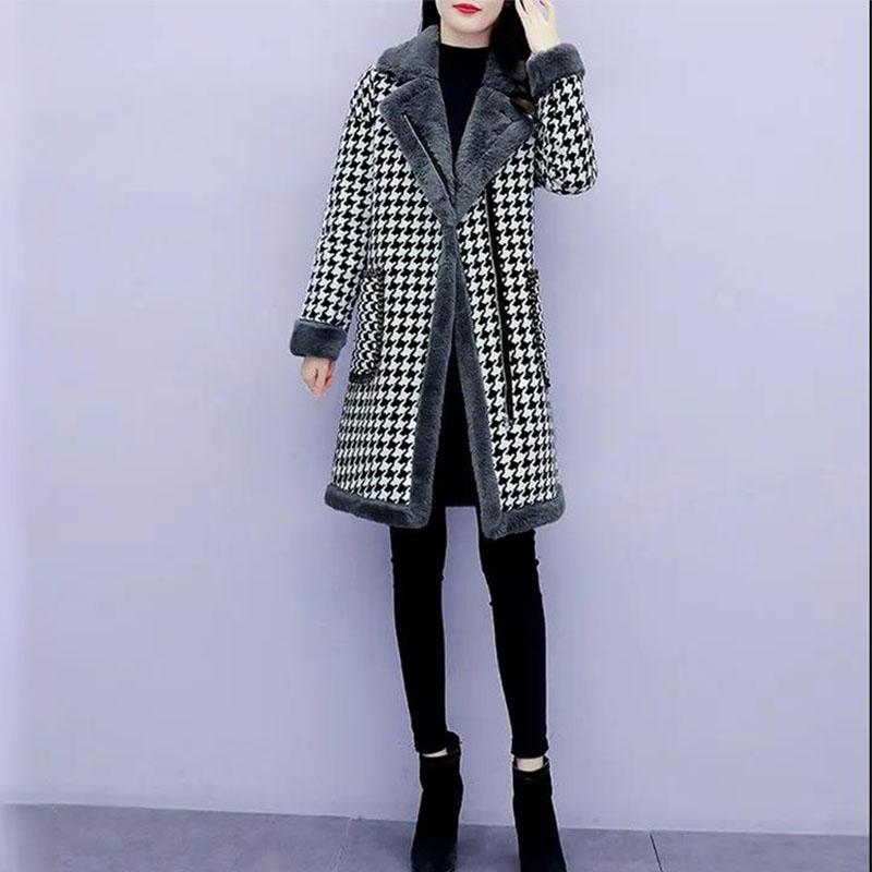 Winter Plus Cotton Thick Warm Woolen Plaid Lamb Wool Coat Jacket Women's Mid-length Plus Size Fat Thick Warm Cotton Coat Plus Velvet Coat