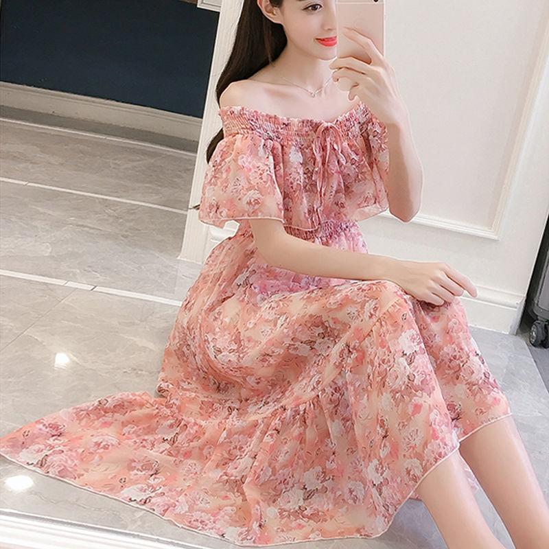 Off-the-shoulder One-word Neck Floral Chiffon Dress Female Mid-length Sexy Beach Dress Super Fairy Fairy Dress Plus Size Dress Waist Is Slim