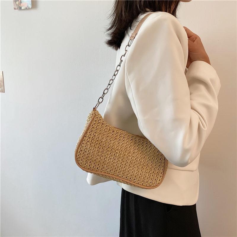 Women Large Capacity Vintage Straw Woven Retro Baguette Underarm Bag Simple Shoulder Handbag