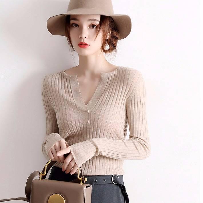Pofulove Autumn Winter Students Inside Coat V-neck Striped Sweater Warm Bottoming Shirt Black