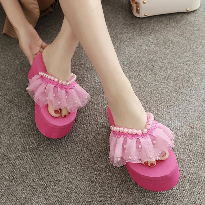 Slippers Female Summer Wear Korean Version of Pearl Flip Flops Thick Bottom Slope Heel Increase Fairy Beach Sandals