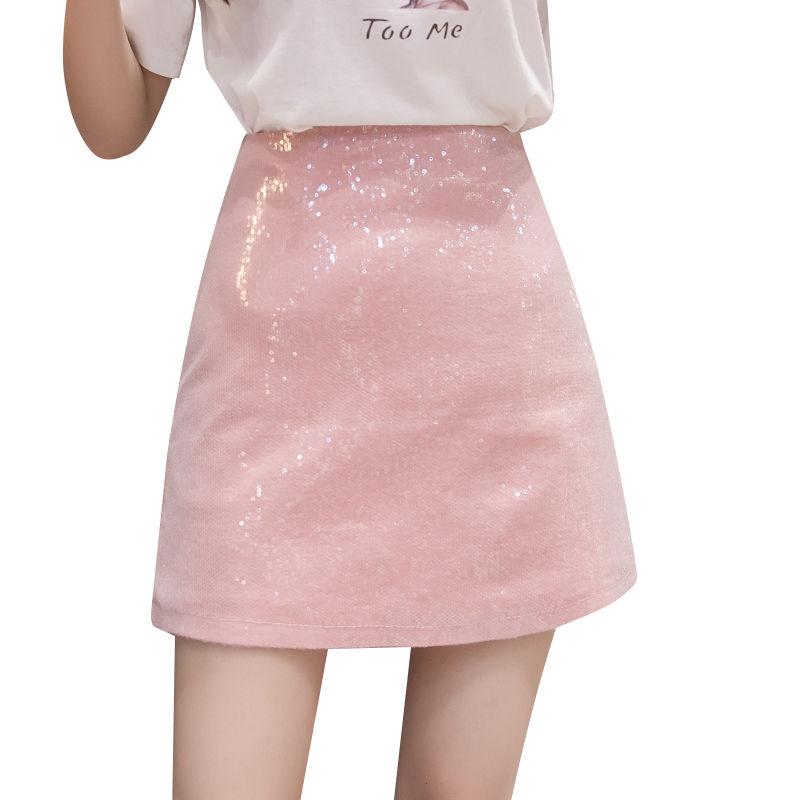 Sequins Sexy Tight A-line Hip Skirt Women Short Skirt Knee-length  Zipper Club Casual Home Office