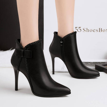 Pointed High Heels Martin Boots Sexy Stiletto Plus Velvet Bow Ankle Boots