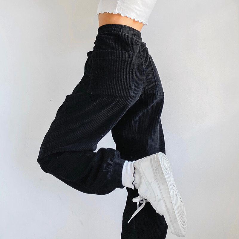 Black Casual Corduroy High Waist Harem Pants Women Autumn Skinny Pocket Trousers Ladies Fashion Streetwear Joggers