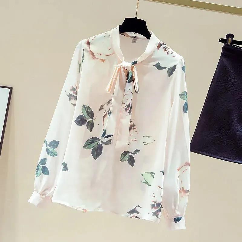 Women's Spring Autumn Chiffon Long Sleeve Top Tie Bow Print Shirt