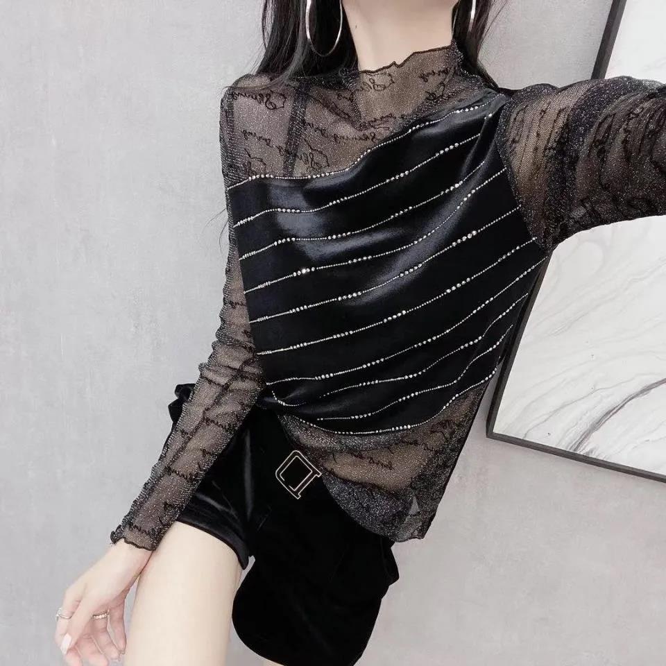 Women's Korean Version Diamond Bright Silk Long-sleeved Top Retro Stitching Mesh Bottoming Shirt Slim Long-sleeved T-shirt