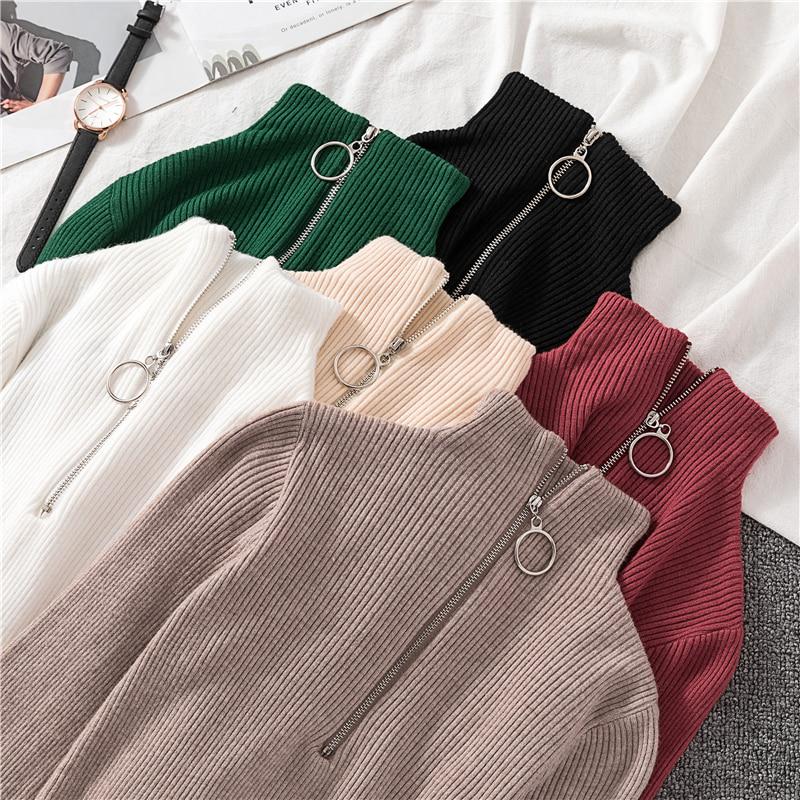 Women Half Turtleneck Knitwear Jumper Bottoming Blouse Zipper Solid Color Pullover Sweater