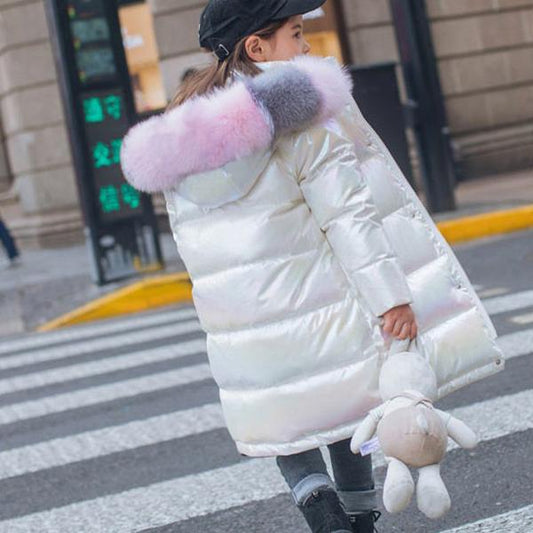 White Duck Down Children's Down Jacket Mid-length Fashion Boys and Girls Thickened Shiny Children's Clothing
